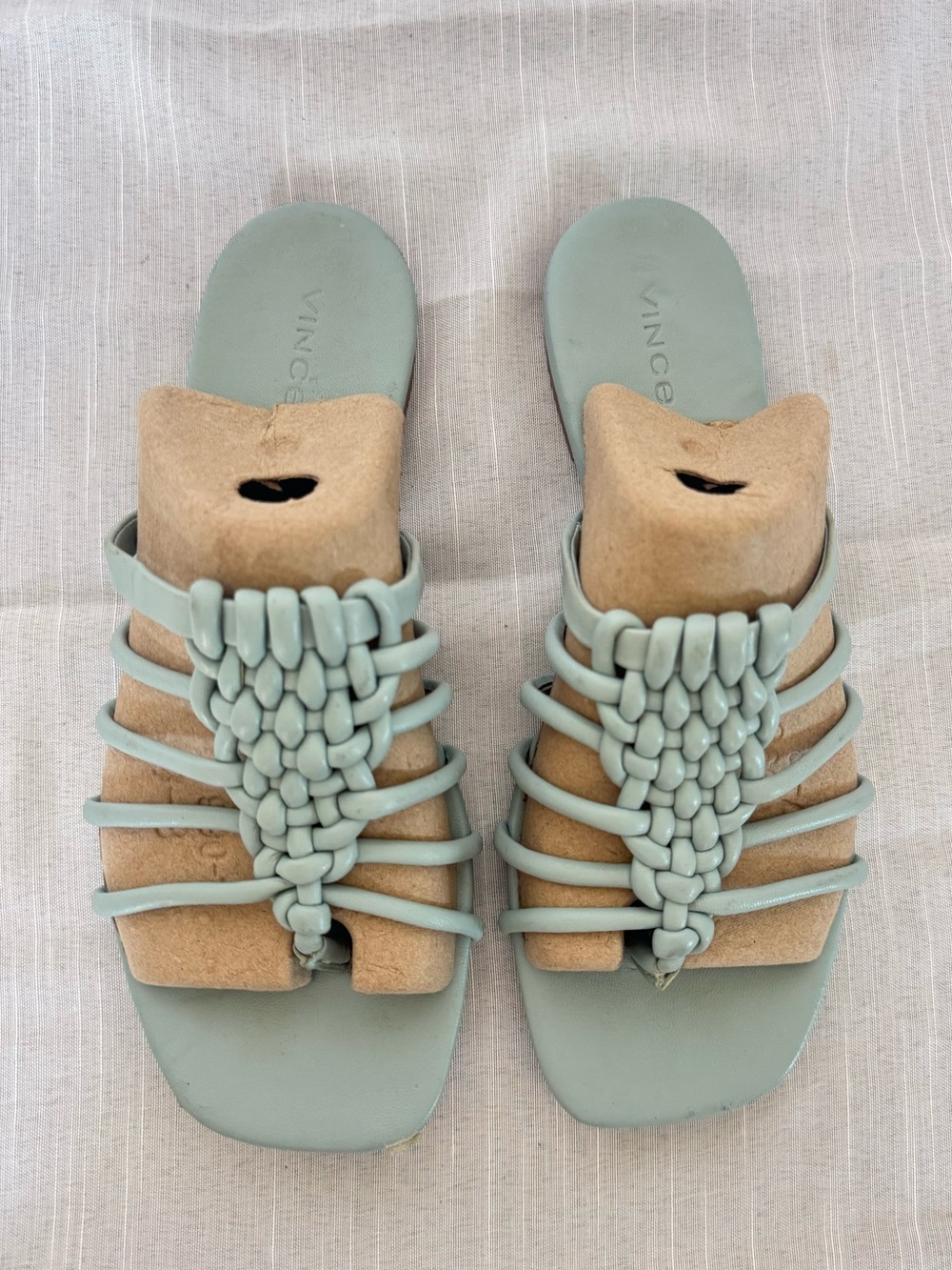 VINCE Blue Dae Square Toe Block Heel Slip On Leather Slide Sandals Size 7.5M